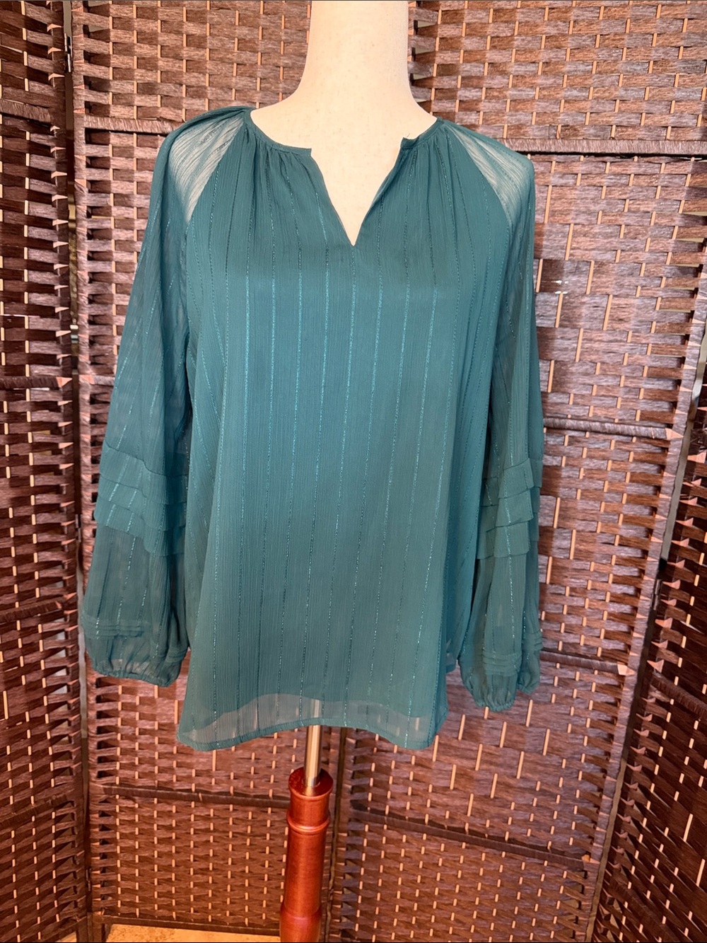 Vera Wang Teal Sheer Pintuck Blouse